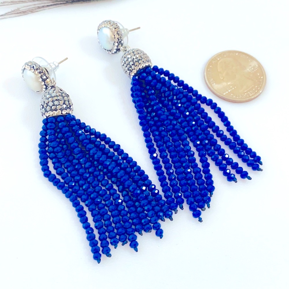 Nwot Coin Pearl Tassel Earrings Cobalt Blue Crystals Hematite Long